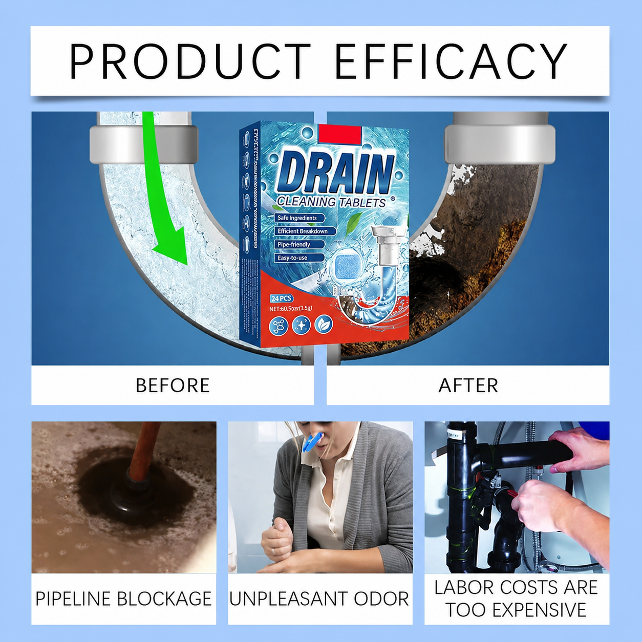 ✅Azokro®Premium Drain Cleaner Tablets-works across multiple drain areas, Safe formula with efficient breakdown power, No measuring needed