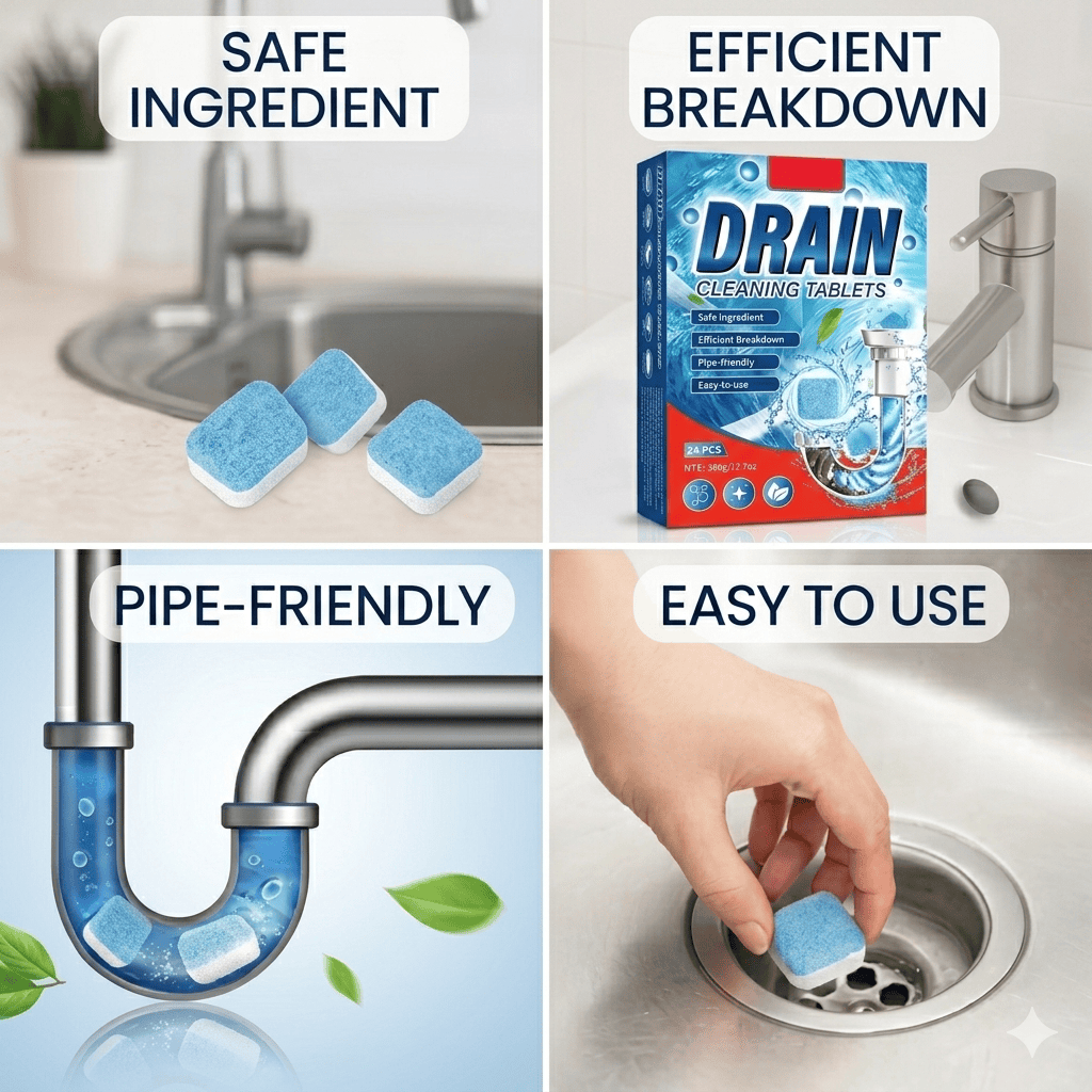 ✅Azokro®Premium Drain Cleaner Tablets-works across multiple drain areas, Safe formula with efficient breakdown power, No measuring needed
