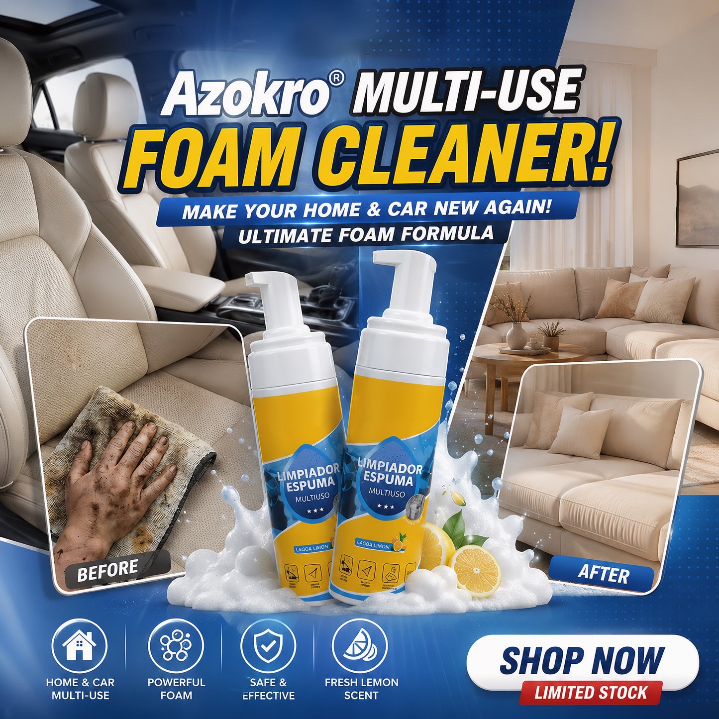 Azokro®Powerful & Multipurpose Car Interior Foam Cleaner, All-Purpose Rinse-Free Foam Cleaner Spray, Multifunctional Car Interior Cleaner, Foam Cleaner All Purpose for Car, Kitchen, Bathroom