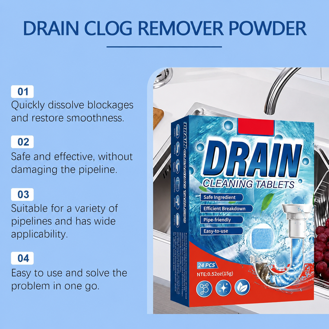 ✅Azokro®Premium Drain Cleaner Tablets-works across multiple drain areas, Safe formula with efficient breakdown power, No measuring needed