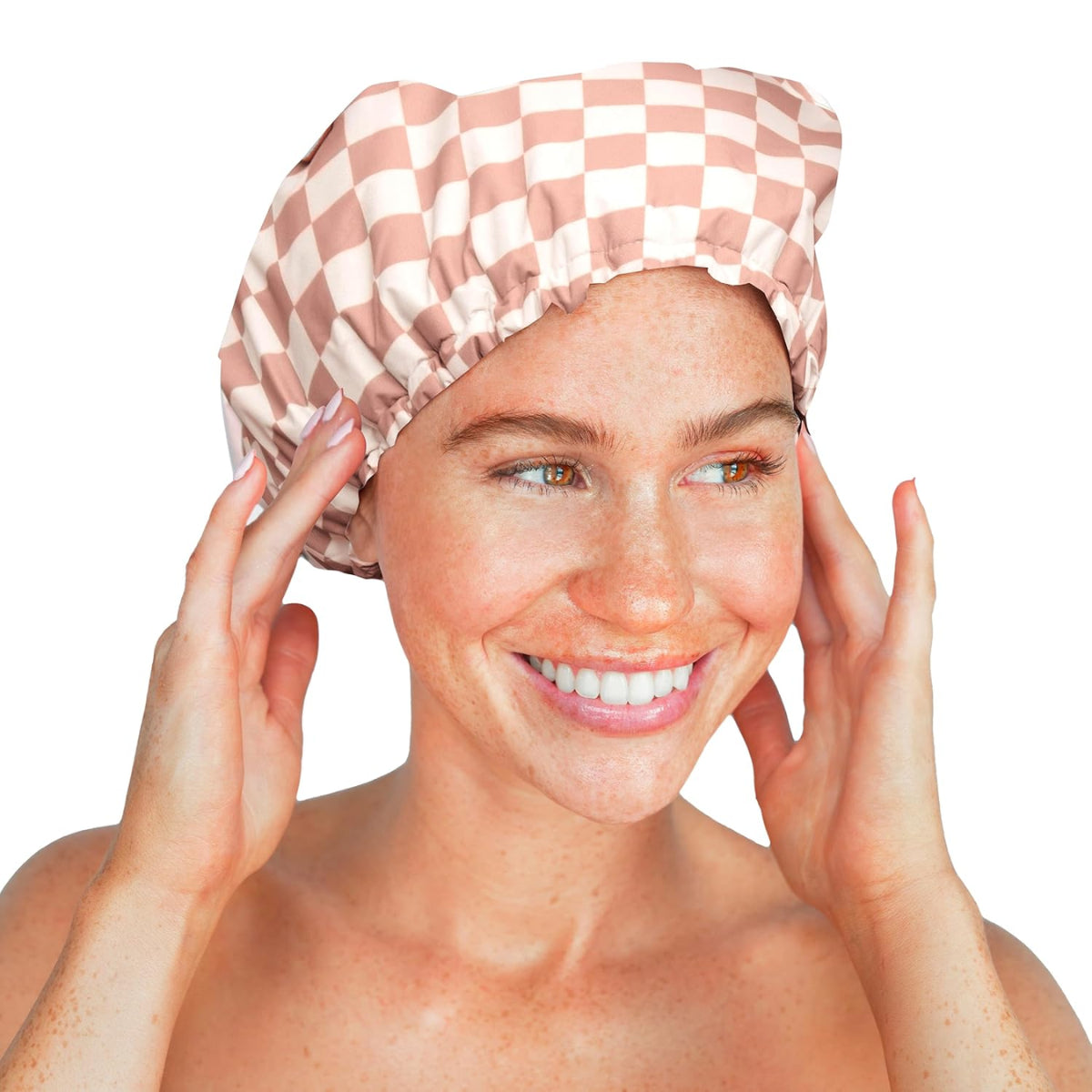 Azokro®Luxury Shower Caps for Women Reusable Waterproof - FlexiSatin Lined, Large Wide Shower Cap for Women & Men, Adjustable,Stylish Hair Cap for Shower, For Long & Short Hair - TerracottaChecker