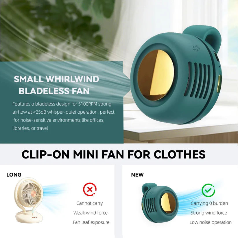 ❄️Azokro®Portable Clip-On Bladeless Fan, Mini USB Rechargeable 360° Rotatable Fan, 3-Speed Silent Personal Cooling Fan for Outdoor Travel Office