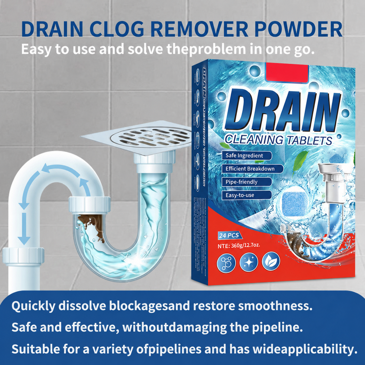 ✅Azokro®Premium Drain Cleaner Tablets-works across multiple drain areas, Safe formula with efficient breakdown power, No measuring needed