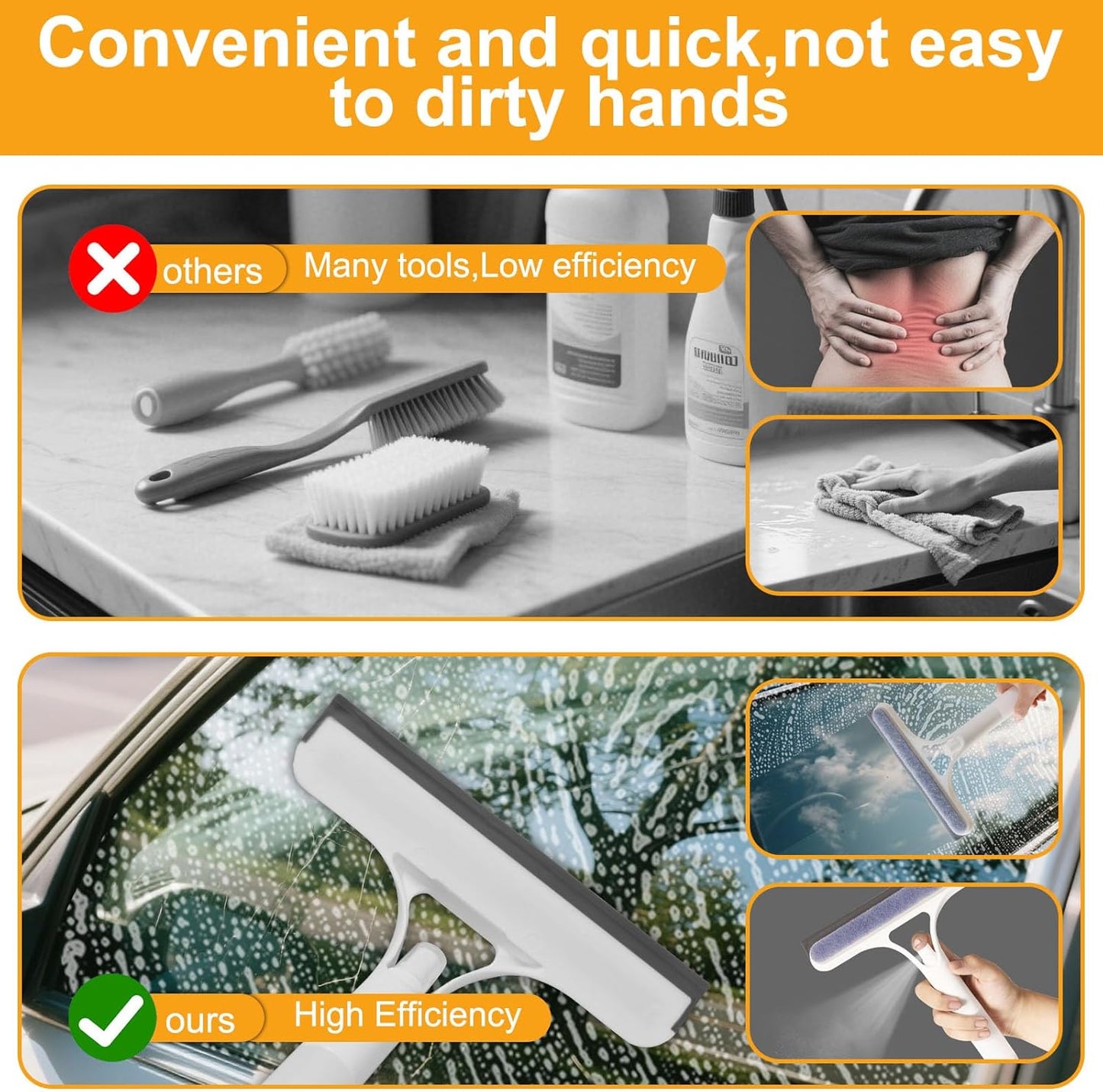 ✅Azokro® Pro 3 in 1 Window Cleaning Scraper with 2 Replaceable Cleaning Cotton Strips, 3 in 1 Spray Squeegee, Window Squeegee, Suitable for Cleaning Bathroom Glass, Mirrors, Car Windows