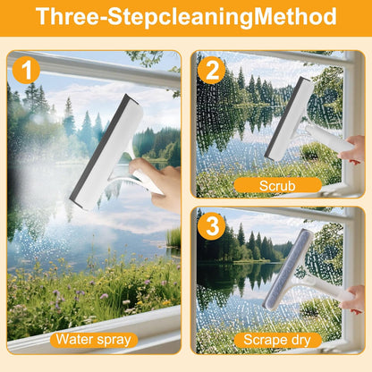 ✅Azokro® Pro 3 in 1 Window Cleaning Scraper with 2 Replaceable Cleaning Cotton Strips, 3 in 1 Spray Squeegee, Window Squeegee, Suitable for Cleaning Bathroom Glass, Mirrors, Car Windows