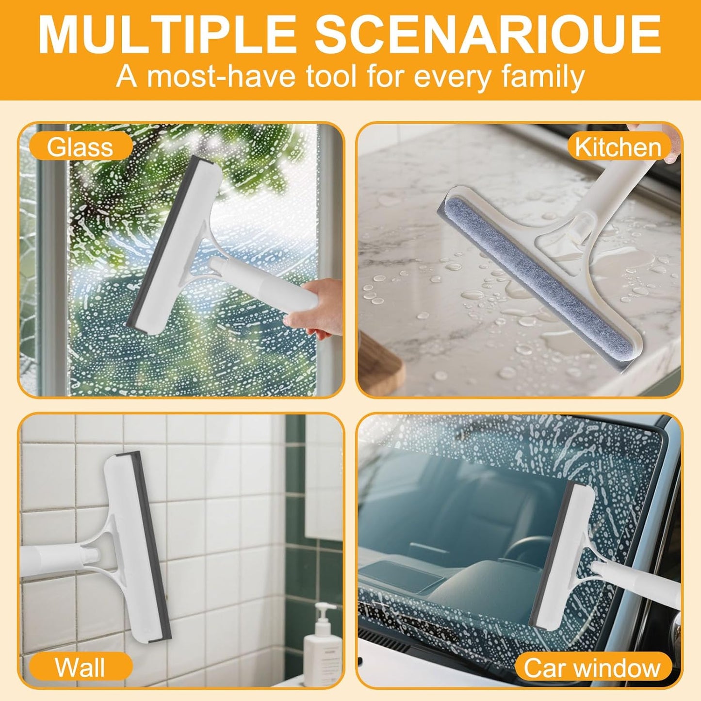 ✅Azokro® Pro 3 in 1 Window Cleaning Scraper with 2 Replaceable Cleaning Cotton Strips, 3 in 1 Spray Squeegee, Window Squeegee, Suitable for Cleaning Bathroom Glass, Mirrors, Car Windows