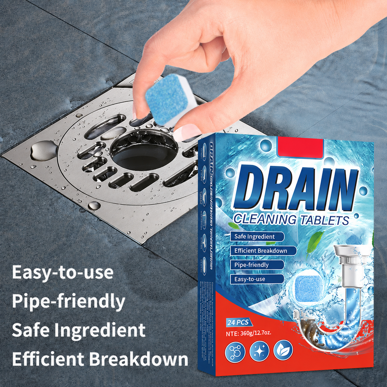 ✅Azokro®Premium Drain Cleaner Tablets-works across multiple drain areas, Safe formula with efficient breakdown power, No measuring needed